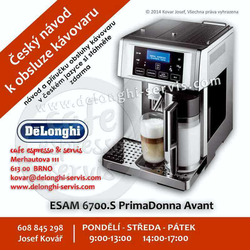Manuál, návod a příručka obsluhy CZ v českém jazyce pro automatický espresso kávovar DeLonghi PrimaDonna Avant ESAM 6700 EX1
