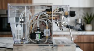 Druh Kávovníku 7 Espresso kávovar s průhledným pláštěm odhalujícím vnitřní součástky, čerpadlo a rozvody vody