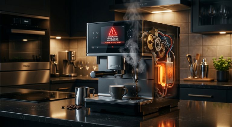 Profesionální servis kávovarů DeLonghi v Brně a Pardubicích | Opravy, náhradní díly a pronájem 3 Porouchaný kávovar s chybovým hlášením na displeji a kouřem vycházejícím z vnitřního mechanismu